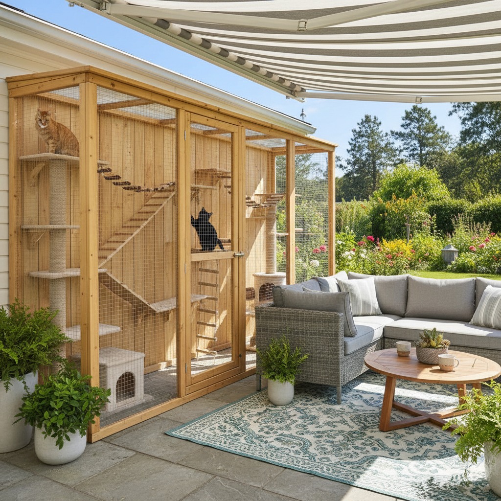 A large wooden outdoor cat enclosure with climbing platforms and two cats sits on a stone patio next to a grey sectional sofa and a round wooden coffee table.