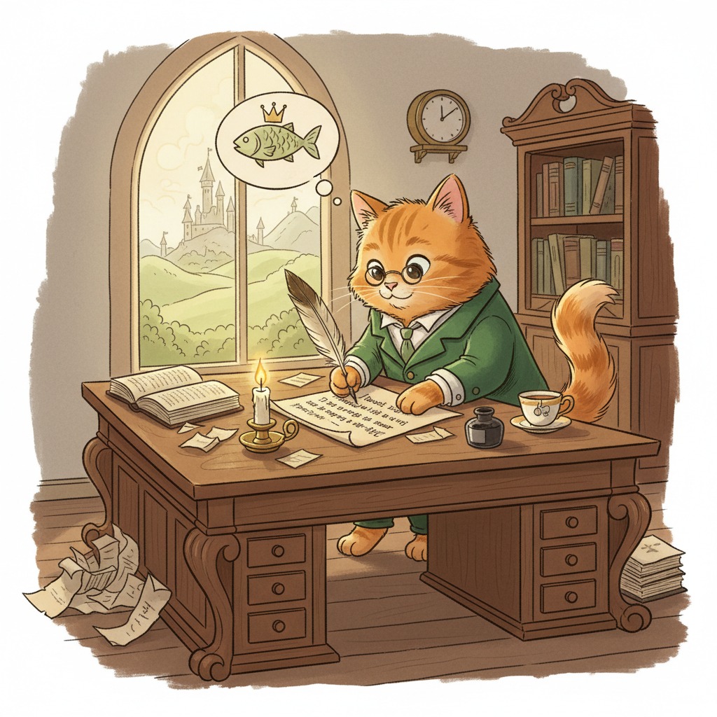 An orange cat wearing a green suit sits at a wooden desk writing with a quill while daydreaming about a crowned fish.